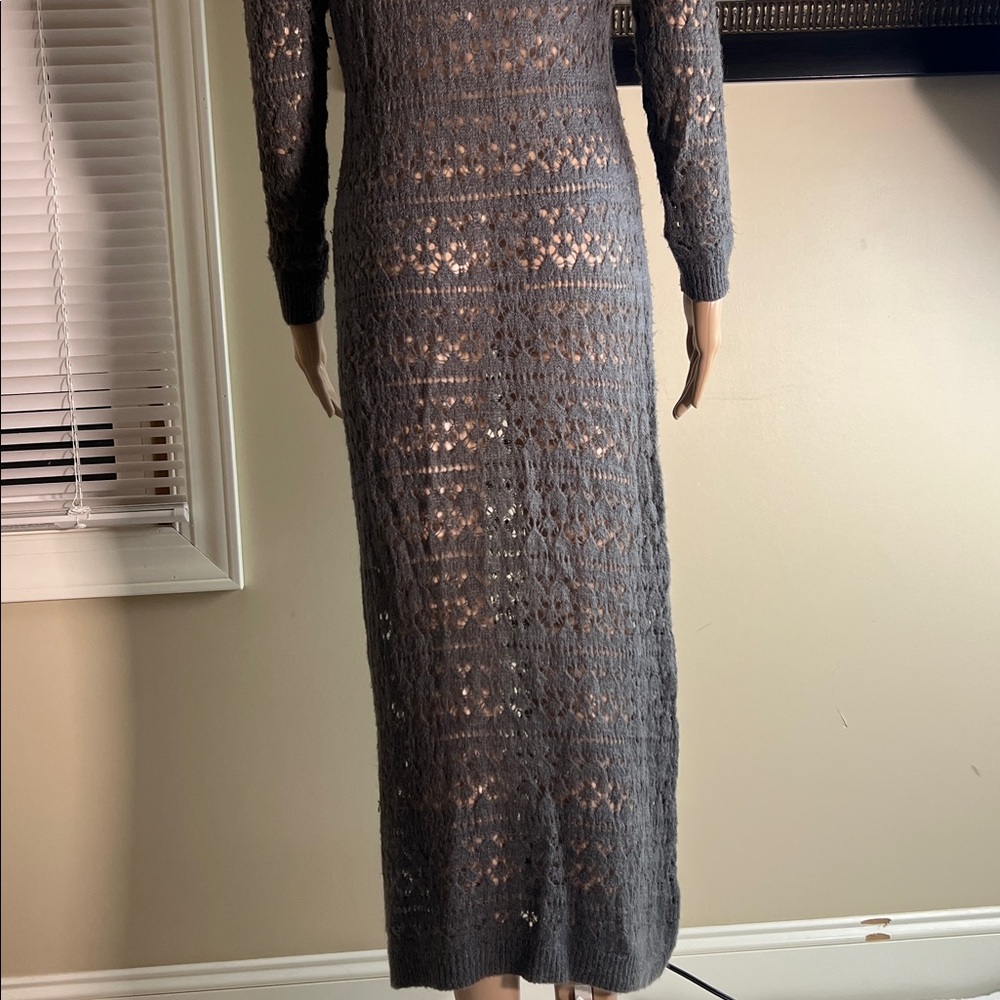 Altamira Milano gray long sleeves crochet knitted maxi sweater dress cover-up S - Picture 6 of 12